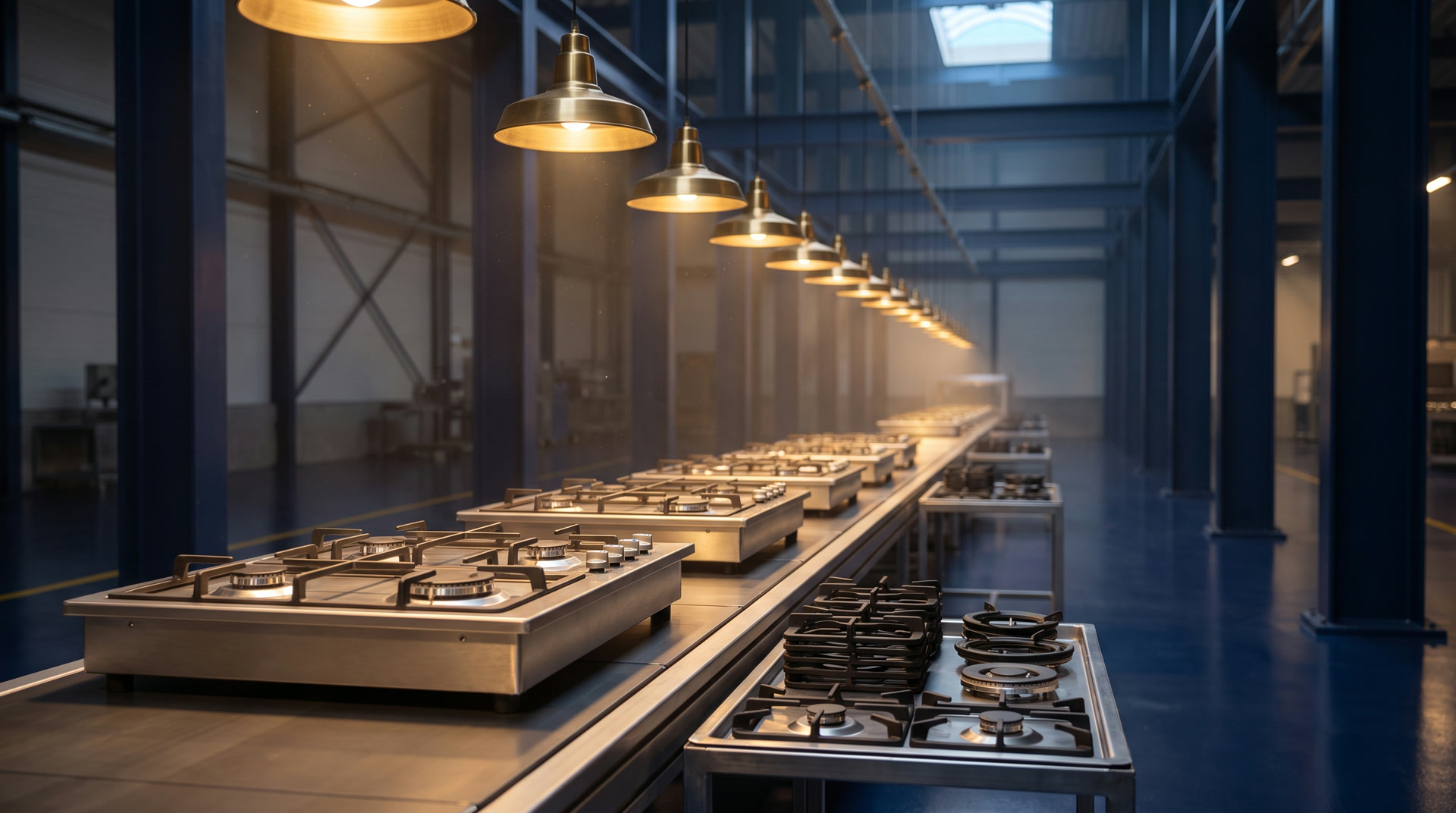 Bare stainless cooker chassis and burner rings under warm lamplight in the factory hall